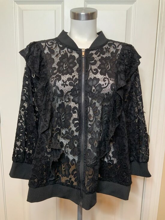 torrid Jackets & Blazers - Torrid Black Ruffle Sheer Floral Embroidered Lace Zip-Up Jacket, Size 4X